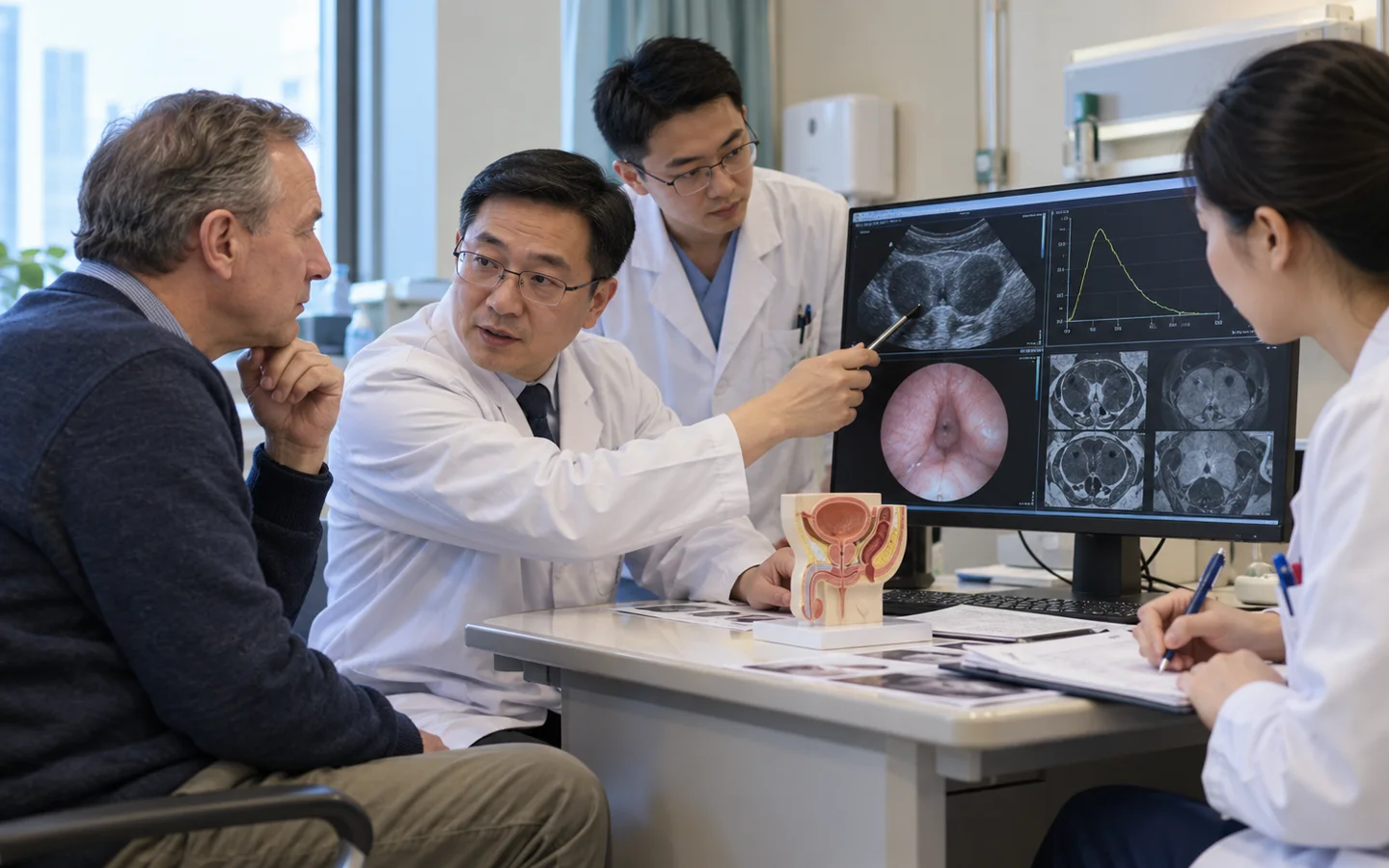 Chinese endourology team reviewing prostate size urine flow cystoscopy and resection plan before TURP