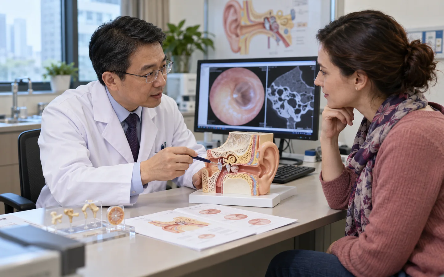 Chinese ENT specialist explaining eardrum repair and middle-ear hearing reconstruction using an anatomical ear model to a fully clothed international patient