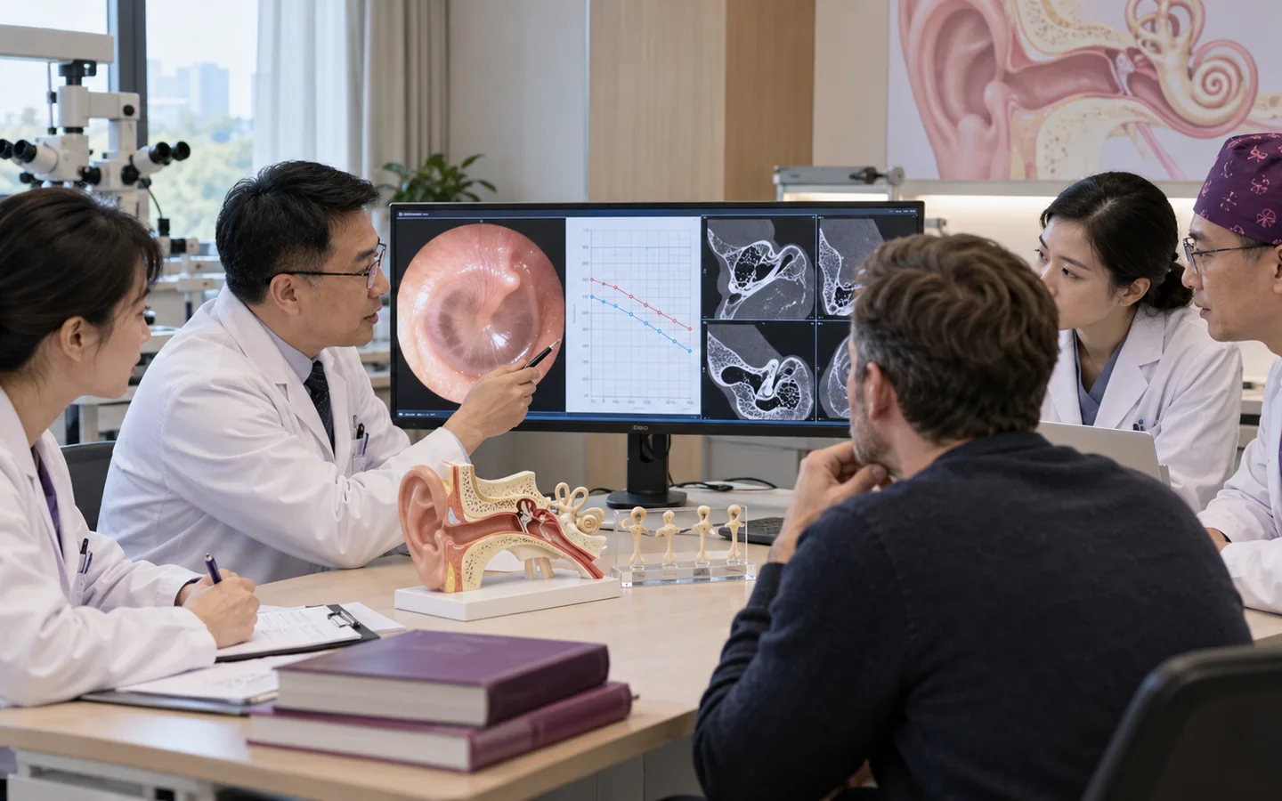 Chinese multidisciplinary ENT team reviewing otoscopy audiograms temporal-bone images graft choice and ossicular condition
