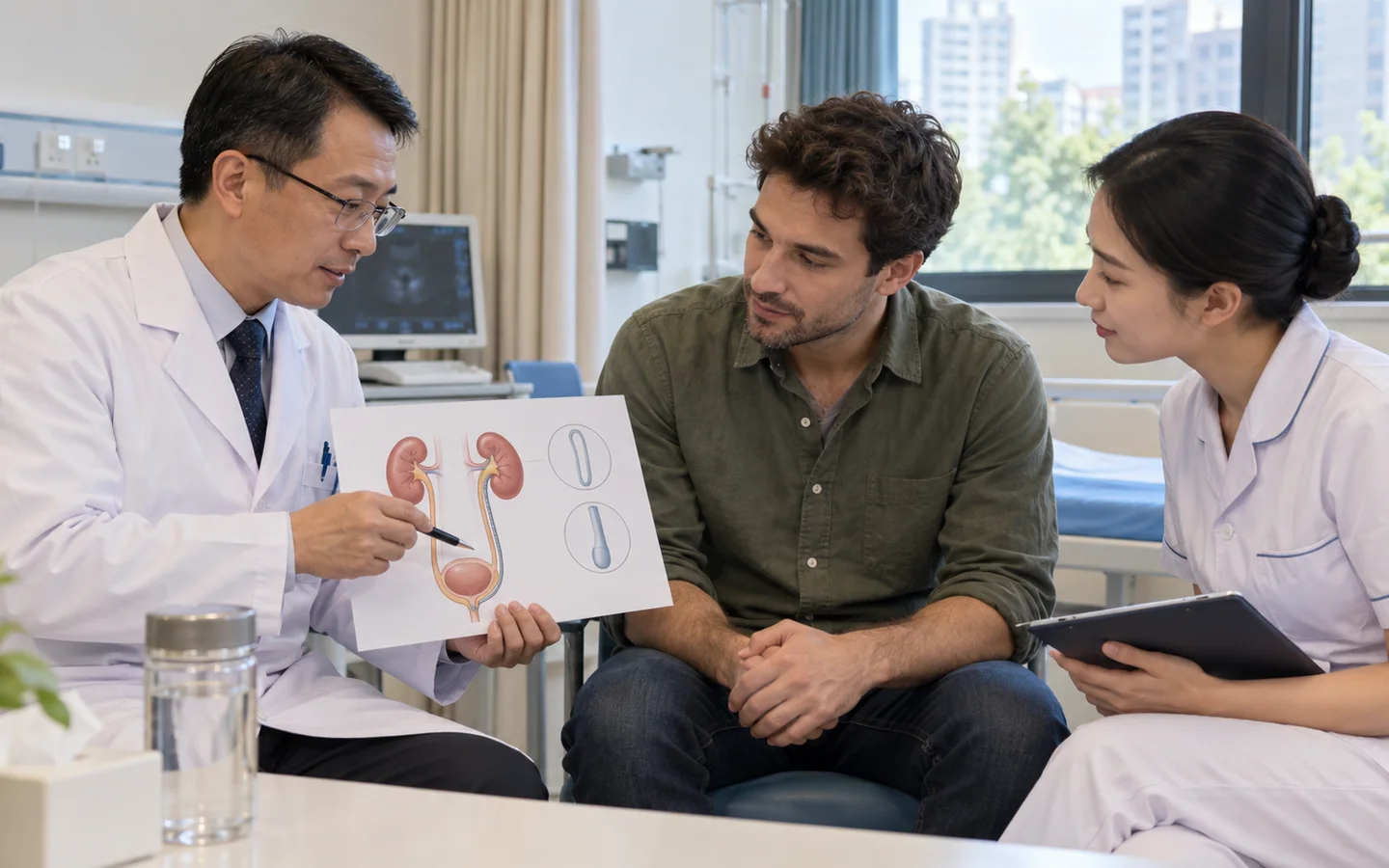 International adult patient reviewing stent removal timing and hydration advice after ureteroscopic stone treatment