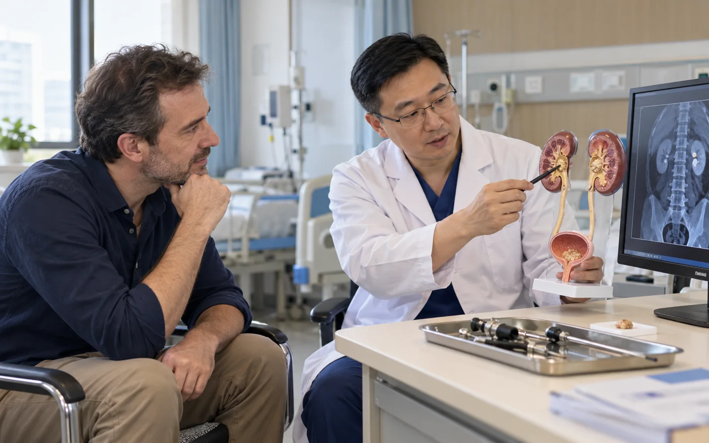 Chinese endourologist explaining ureteroscopy and laser stone treatment to an international adult patient with a urinary tract model