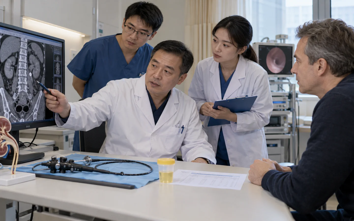 Chinese urology team reviewing CT stone position flexible scope equipment and sterile urine results before ureteroscopy