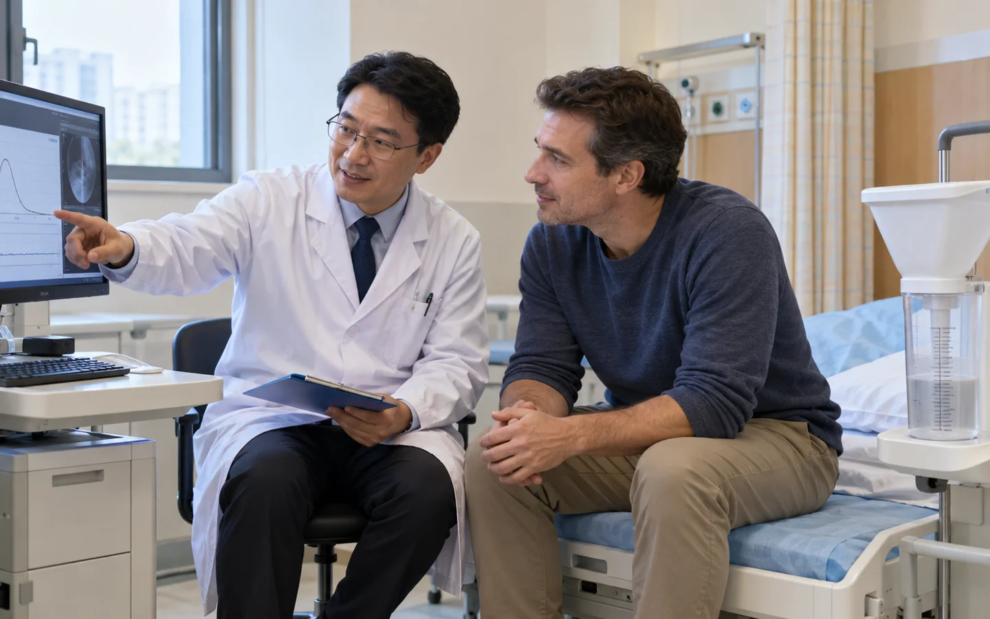 International adult patient reviewing urine flow testing and catheter removal after urethroplasty