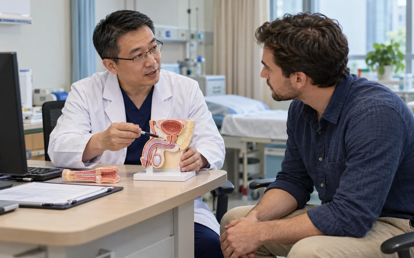 Chinese reconstructive urologist explaining urethral stricture repair to an international adult patient with an anatomical model