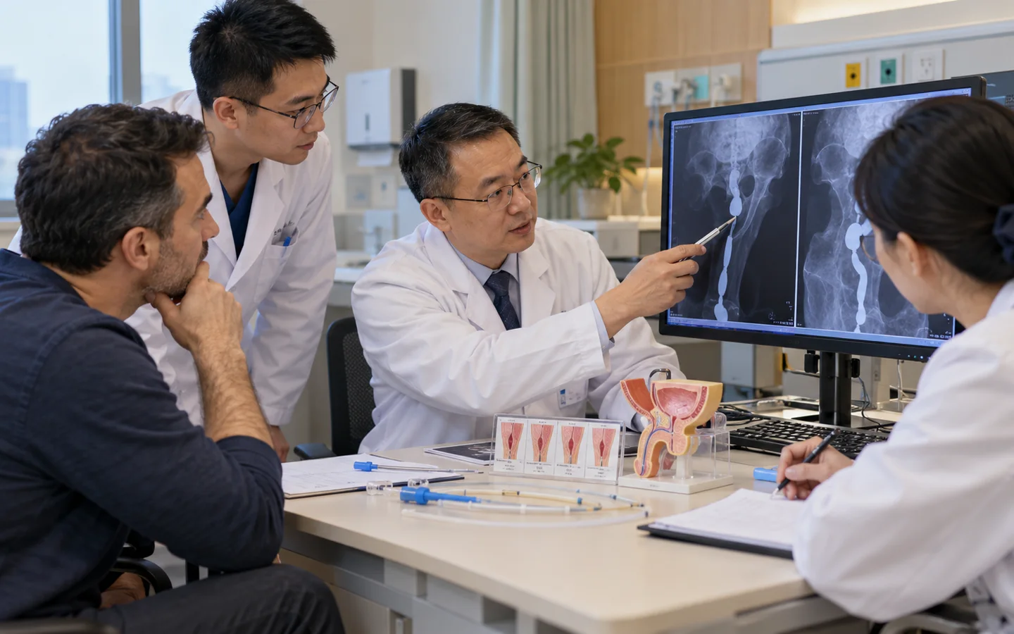 Chinese reconstructive urology team reviewing urethrogram stricture length graft options and catheter plan