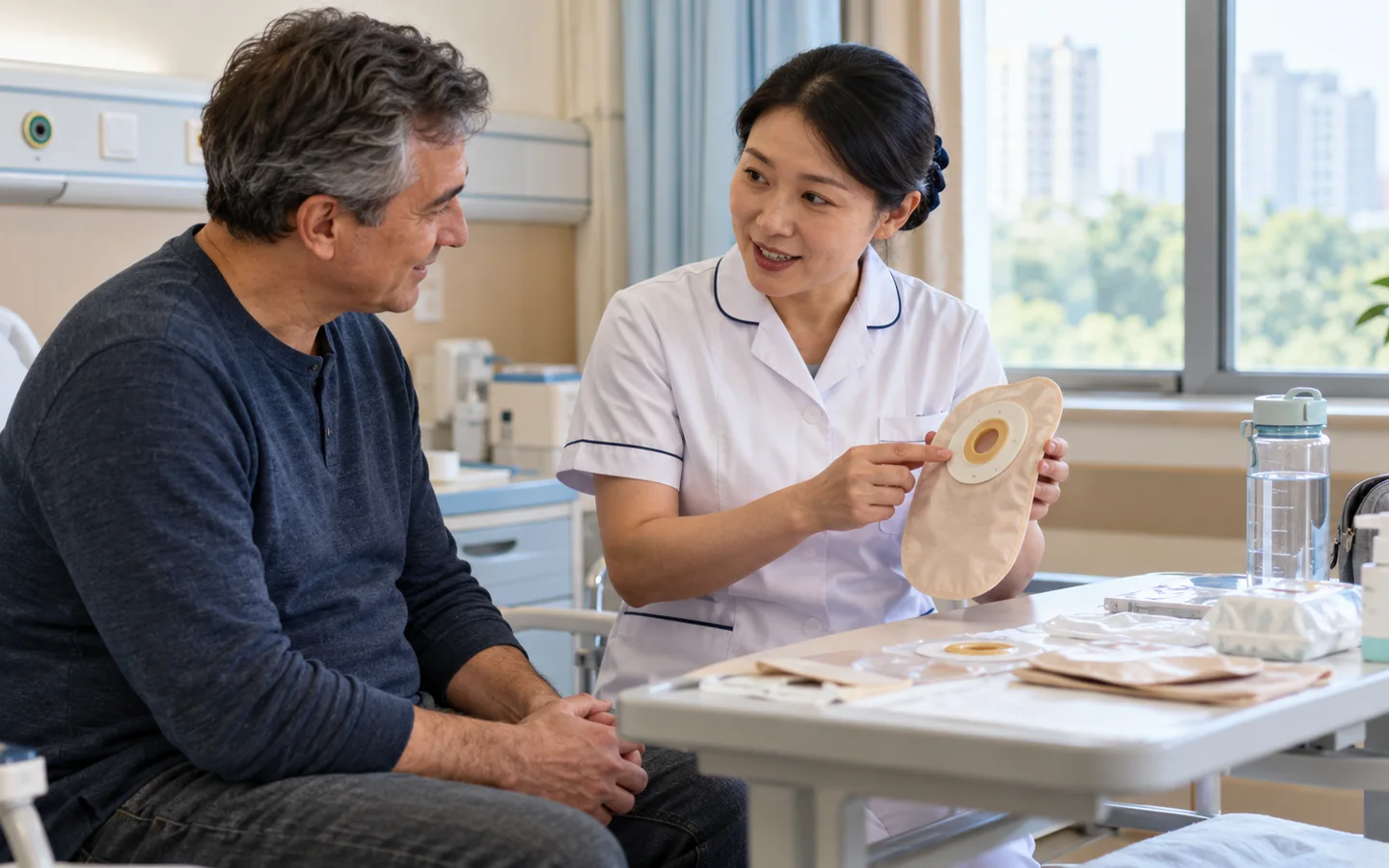 International adult patient learning practical diversion care and hydration with a specialist nurse