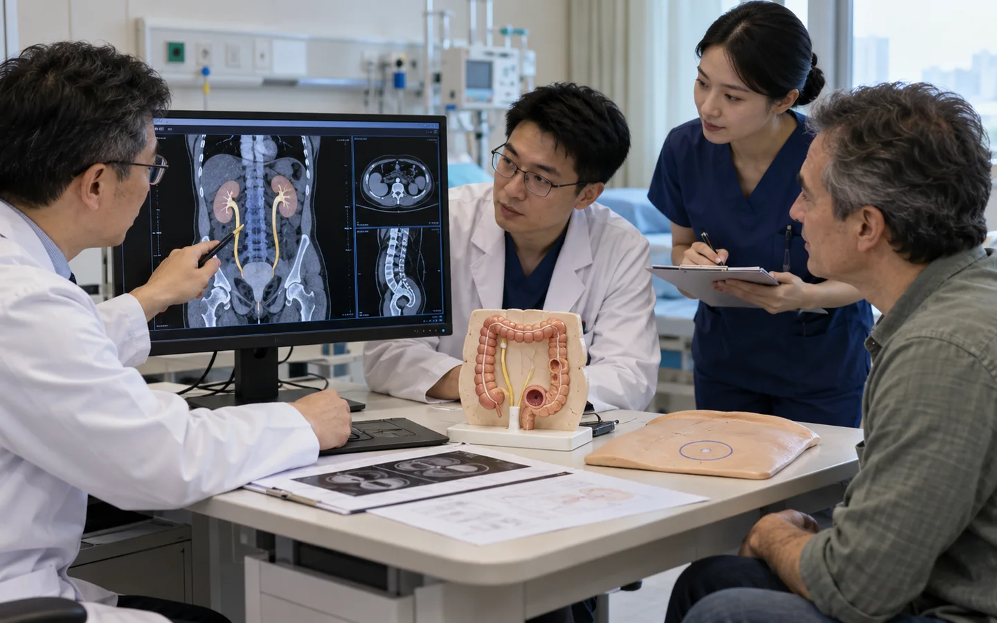 Chinese urinary reconstruction team reviewing CT ureters bowel suitability and stoma marking