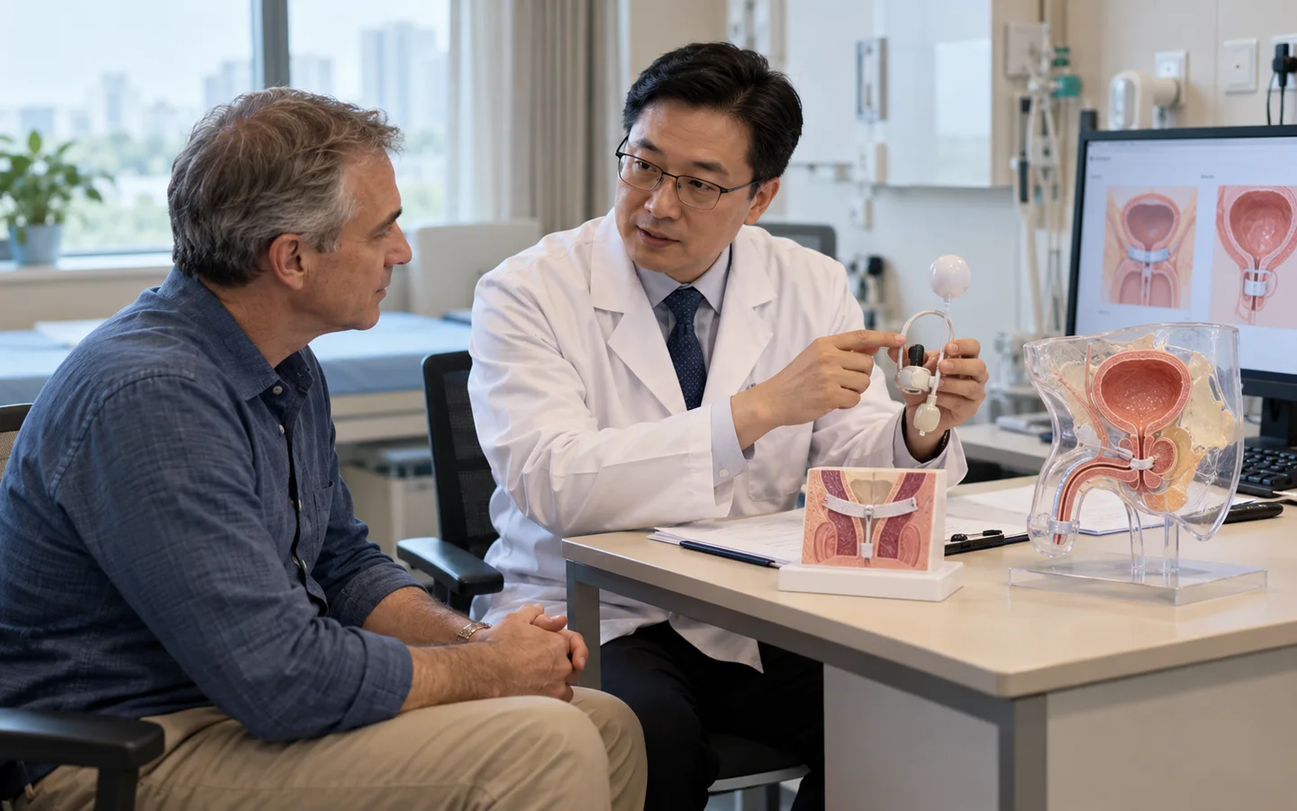 Chinese continence urologist explaining sling and artificial sphincter options to an international adult patient