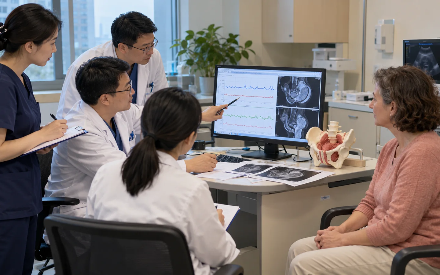 Chinese pelvic floor team reviewing bladder diary urodynamic curves and prior surgery before incontinence treatment