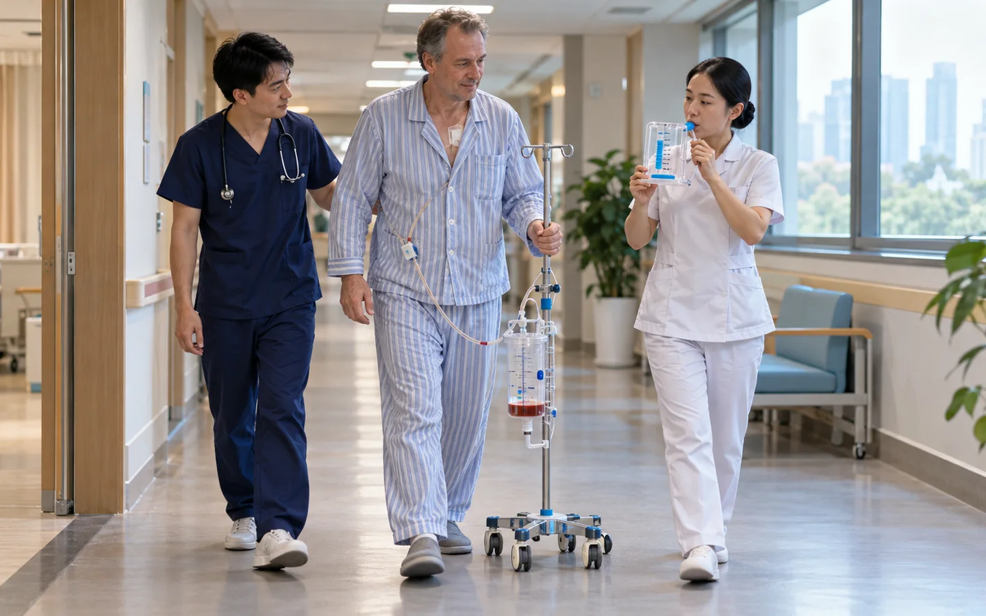 International patient walking with a chest drain and breathing physiotherapy after VATS lung surgery