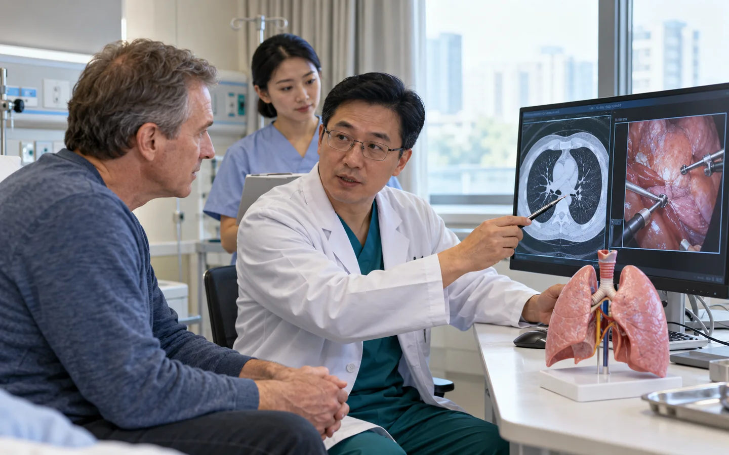 Chinese thoracic surgeon explaining VATS camera access and lung surgery to an international patient