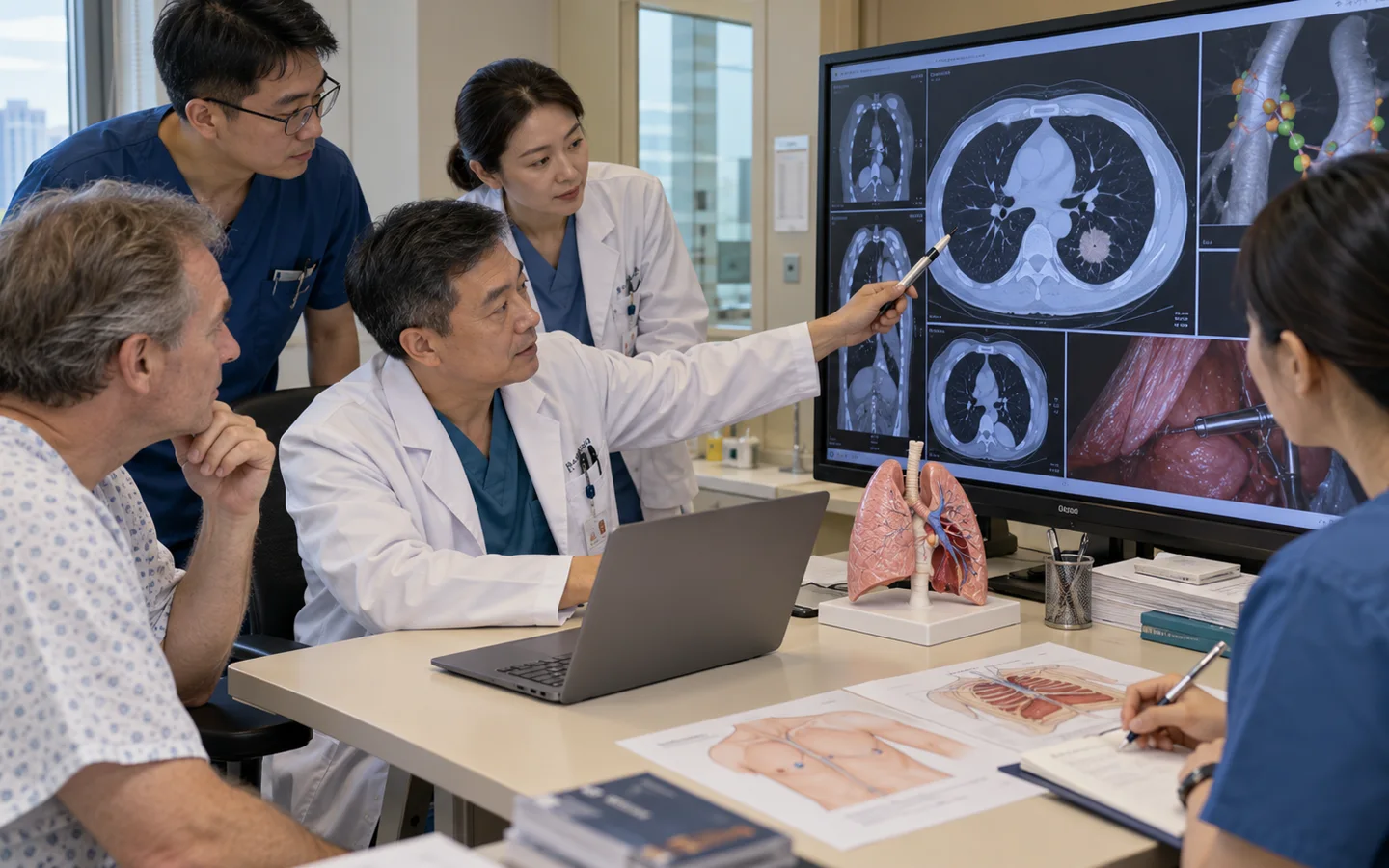 Chinese VATS operating team reviewing CT port placement lymph nodes and thoracotomy conversion plan