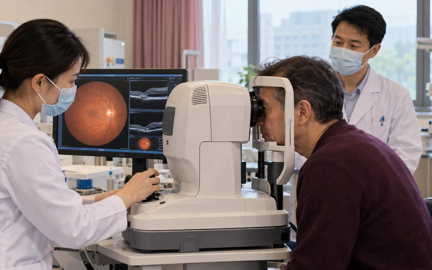 International adult patient completing eye pressure retinal imaging and positioning review after vitrectomy