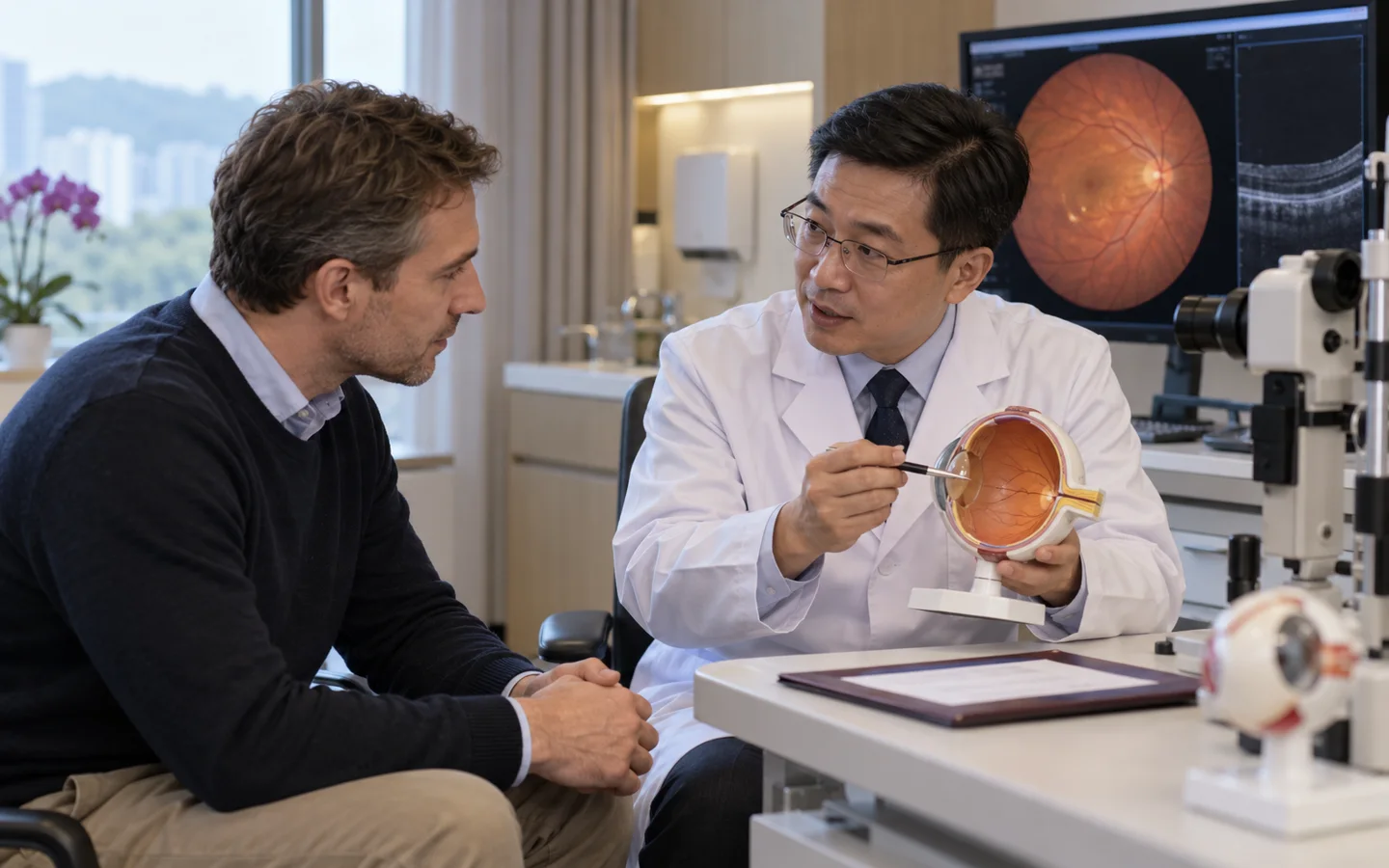 Chinese vitreoretinal surgeon explaining vitrectomy and retinal treatment to an international adult patient with an eye model