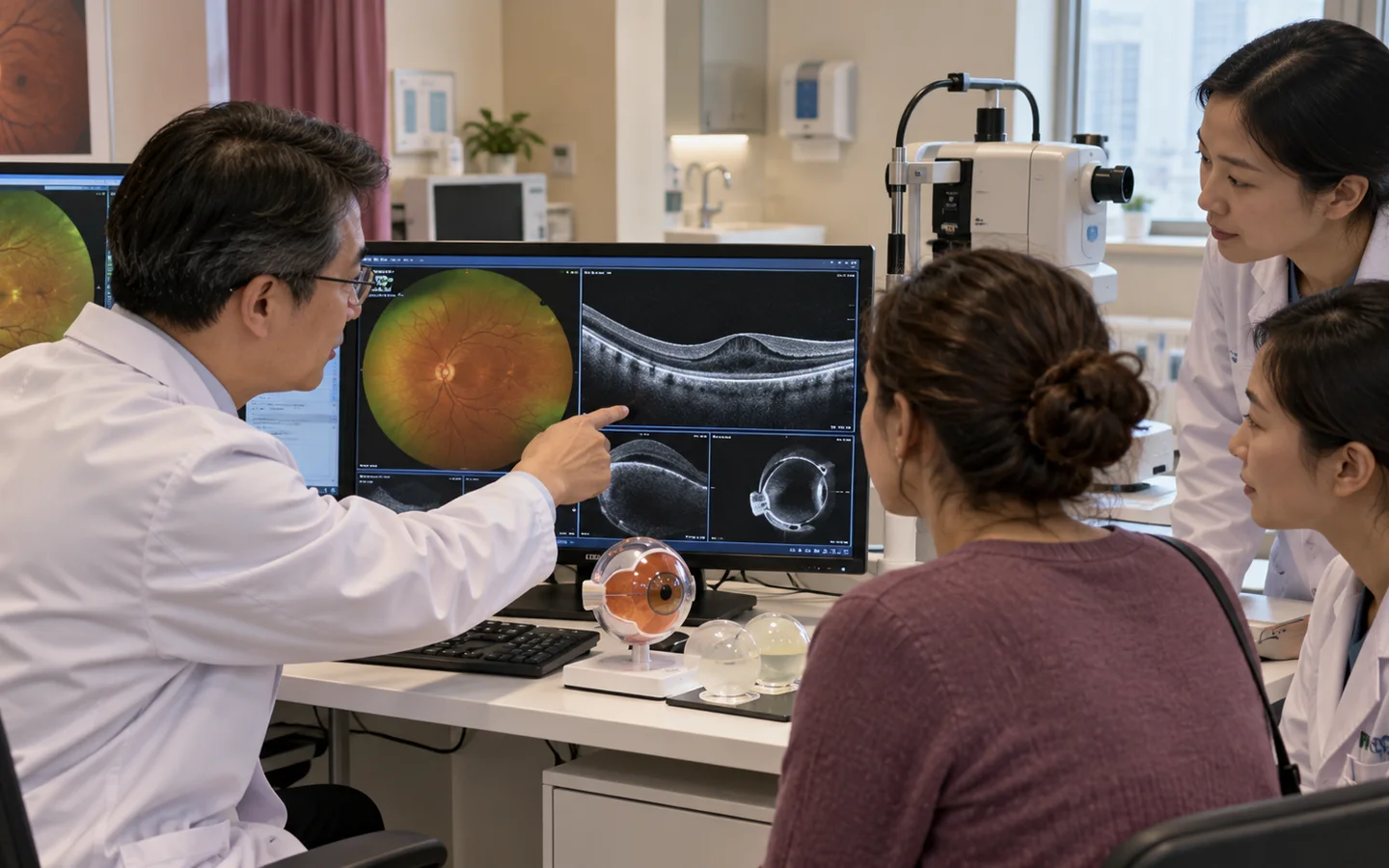 Chinese retina team reviewing OCT ultrasound wide field imaging and gas or silicone oil planning