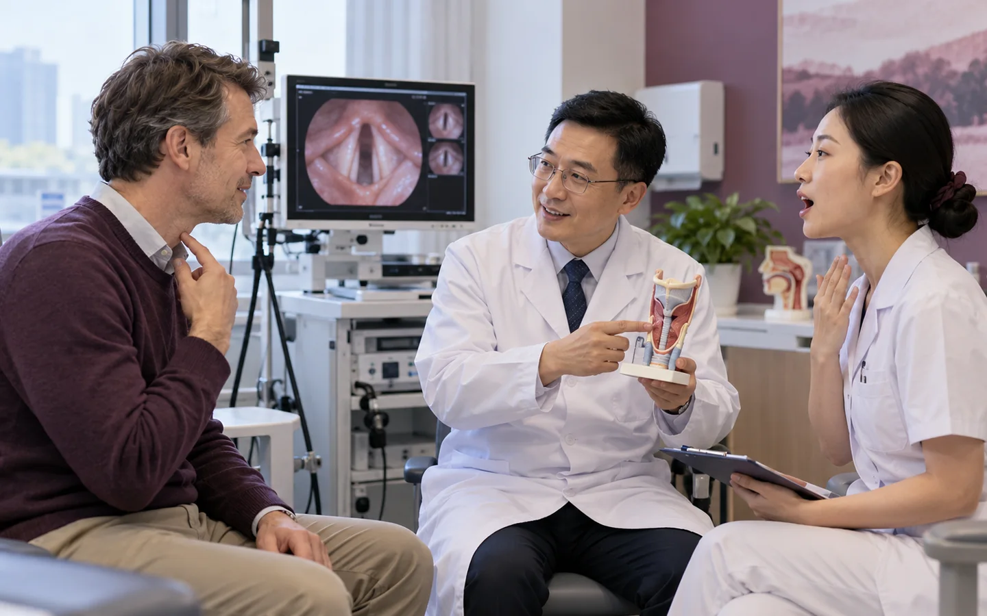 Fully clothed international patient completing voice therapy and repeat laryngoscopy after voice surgery with a Chinese ENT clinician