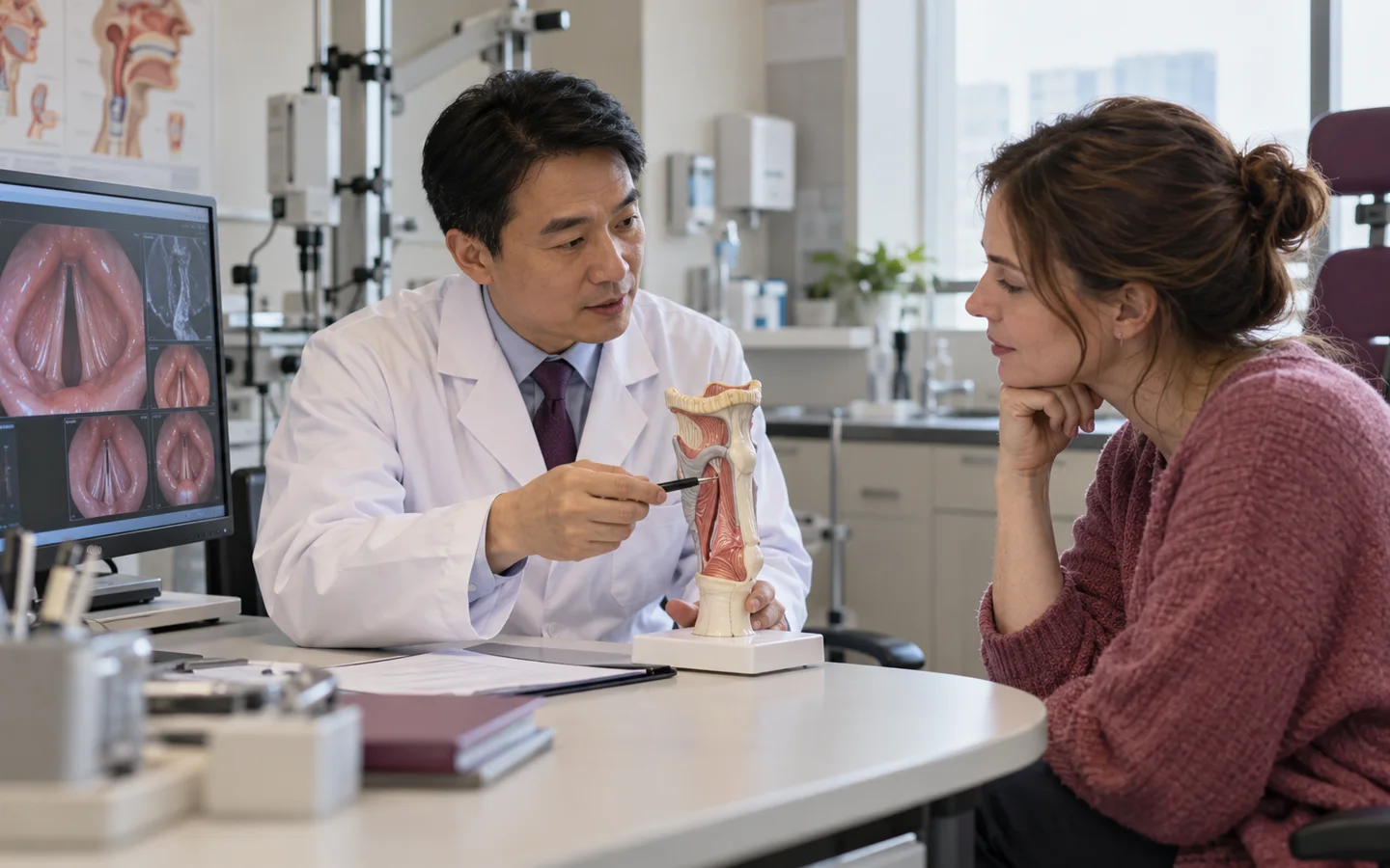 Chinese ENT specialist explaining vocal fold anatomy and diagnosis-specific voice surgery with a larynx model to a fully clothed international patient