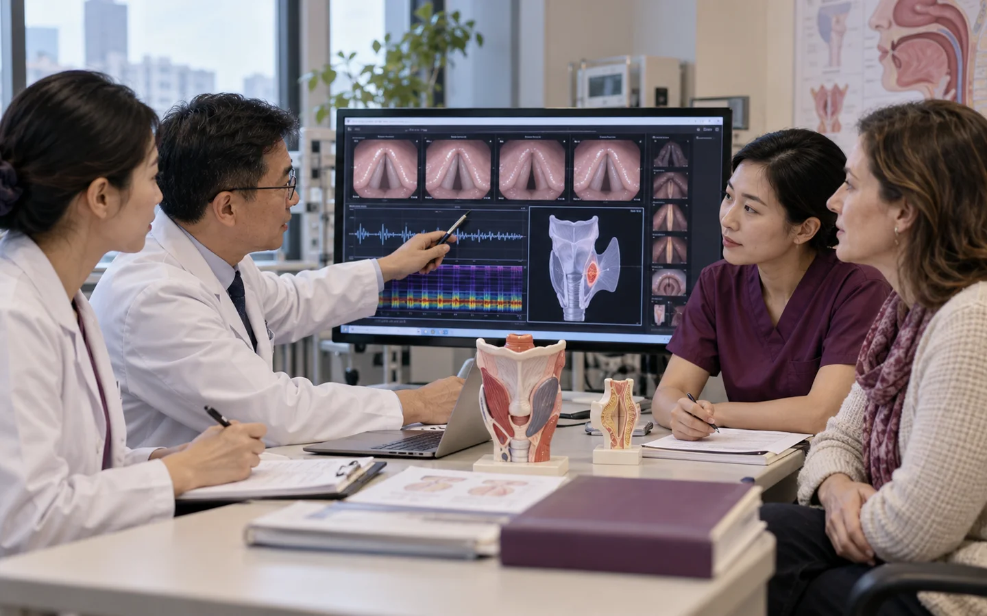 Chinese multidisciplinary ENT team reviewing stroboscopy voice analysis motion pattern lesion map and therapy goals