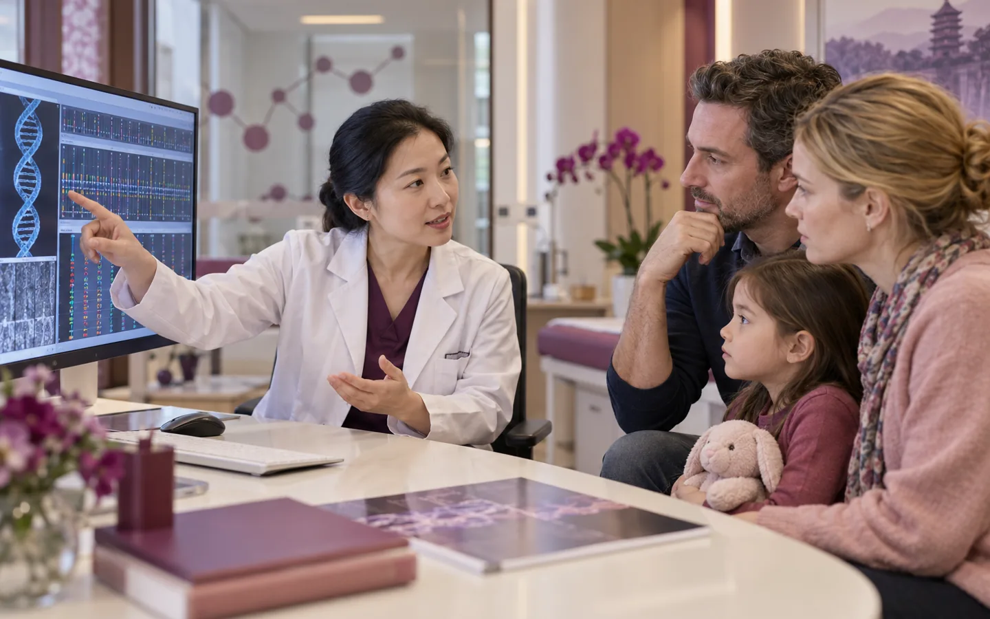 Chinese clinical geneticist explaining whole exome sequencing to an international family