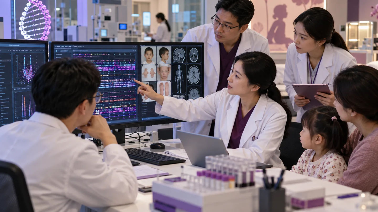 Chinese genomic laboratory team reviewing exome variants against a detailed phenotype