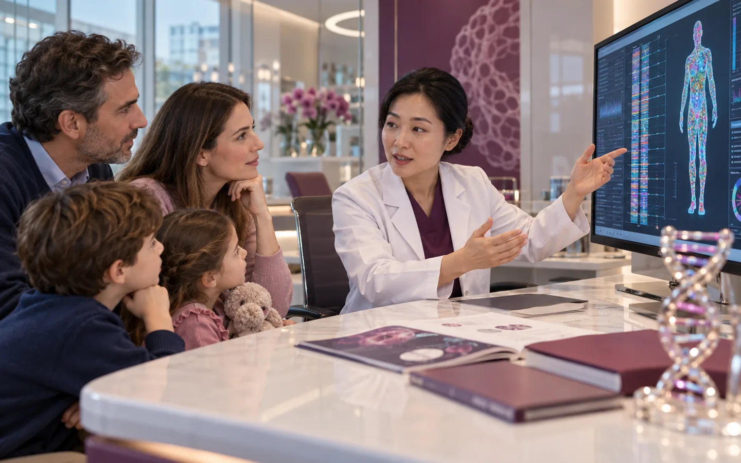 Chinese genome specialist explaining whole genome sequencing scope to an international family