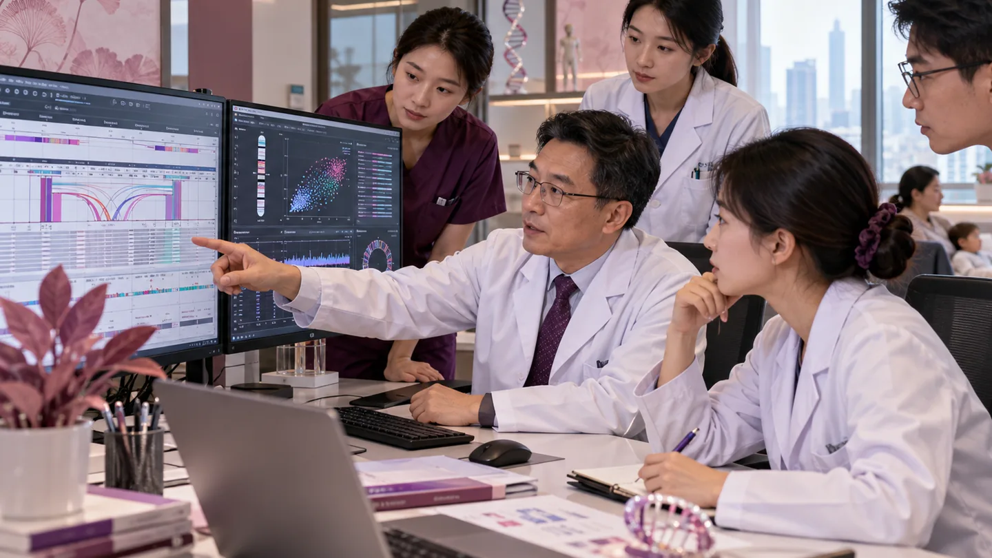 Chinese bioinformatics and clinical genetics team reviewing structural variants and genome quality
