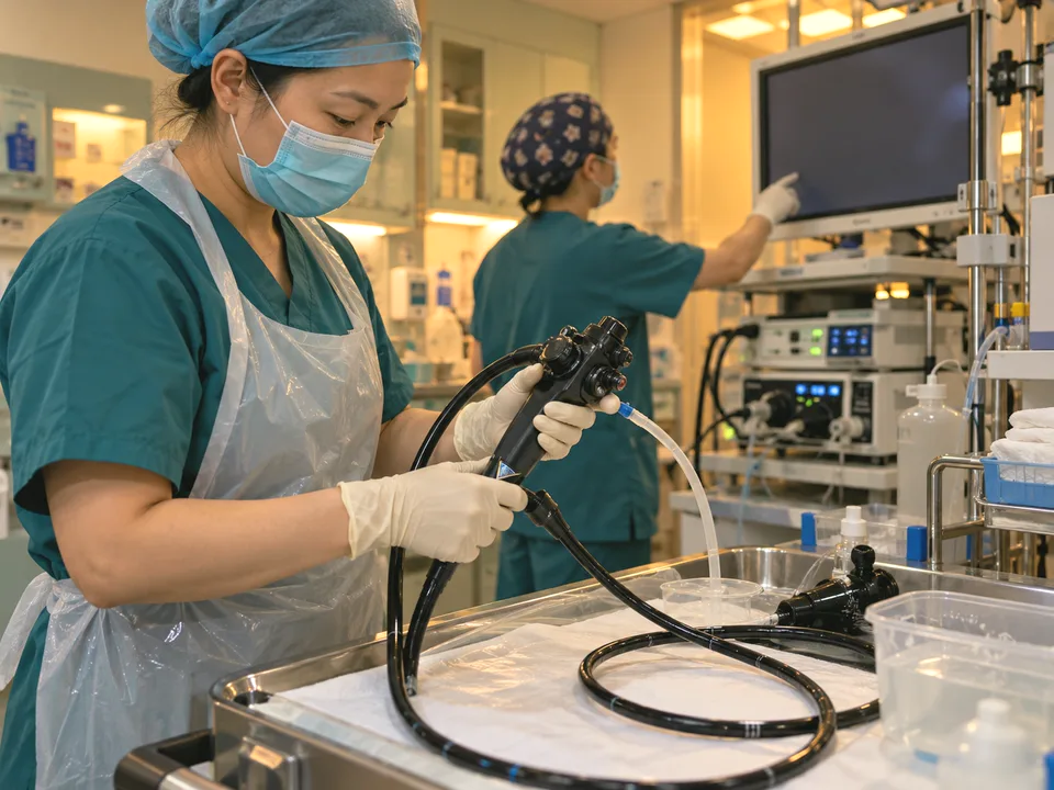 Gastroenterology team performing an endoscopic procedure in a modern treatment room
