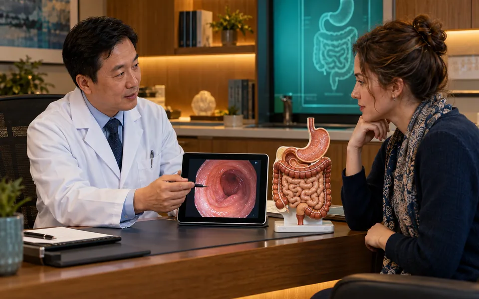 A gastroenterology specialist explaining digestive imaging and endoscopic options to an international patient