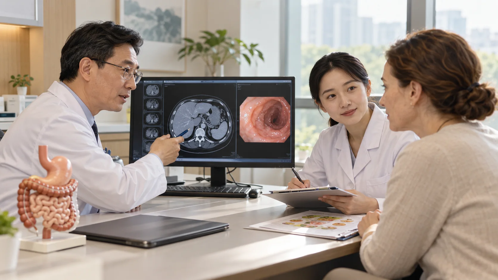 Gastroenterology team reviewing abdominal imaging and treatment sequencing with an international patient