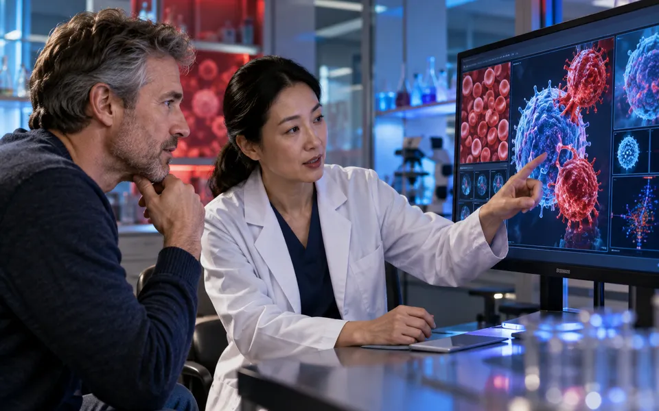 Hematology & CAR-T specialist explaining imaging and treatment planning to an international patient