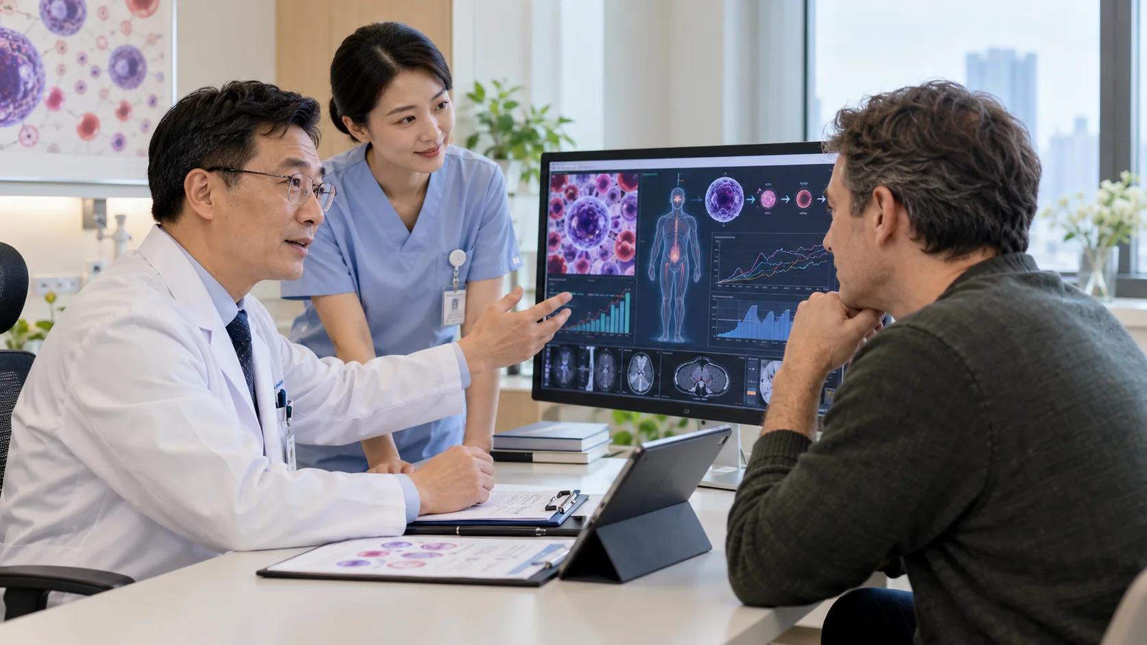 Hematology & CAR-T specialist reviewing a care plan with an international patient
