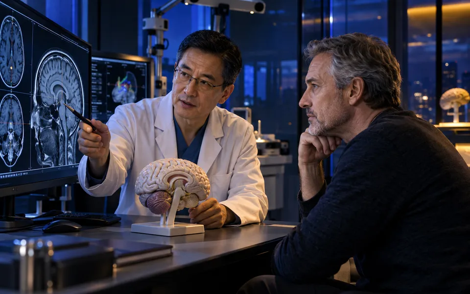 Neurosurgery specialist explaining imaging and treatment planning to an international patient