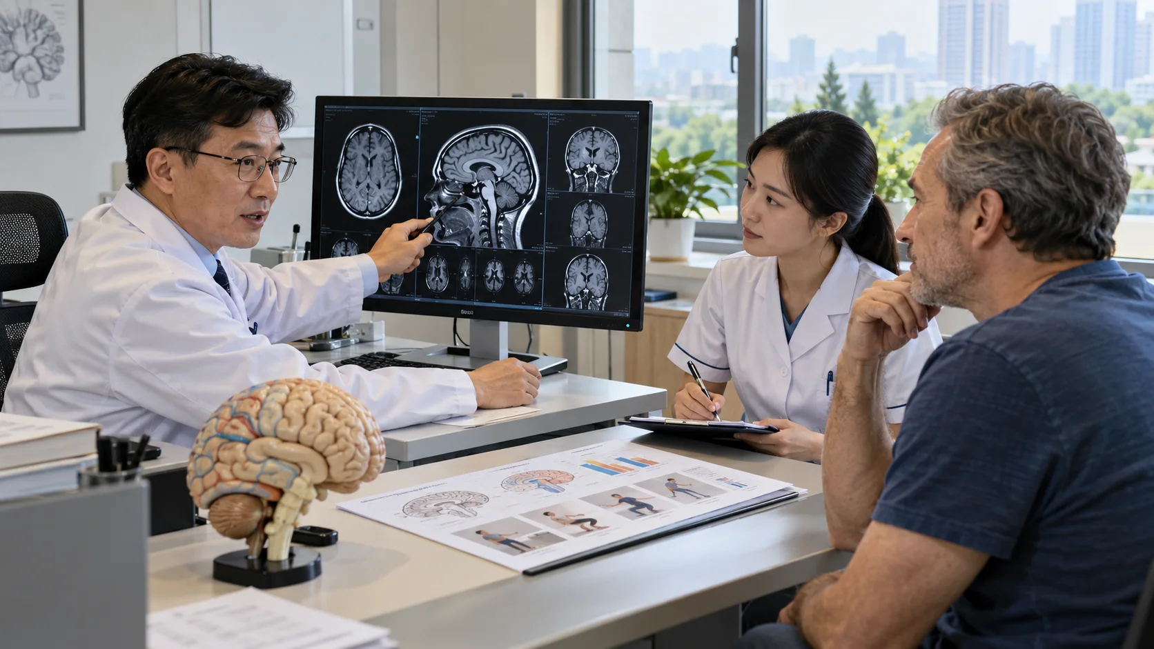 Neurosurgery specialist reviewing a care plan with an international patient