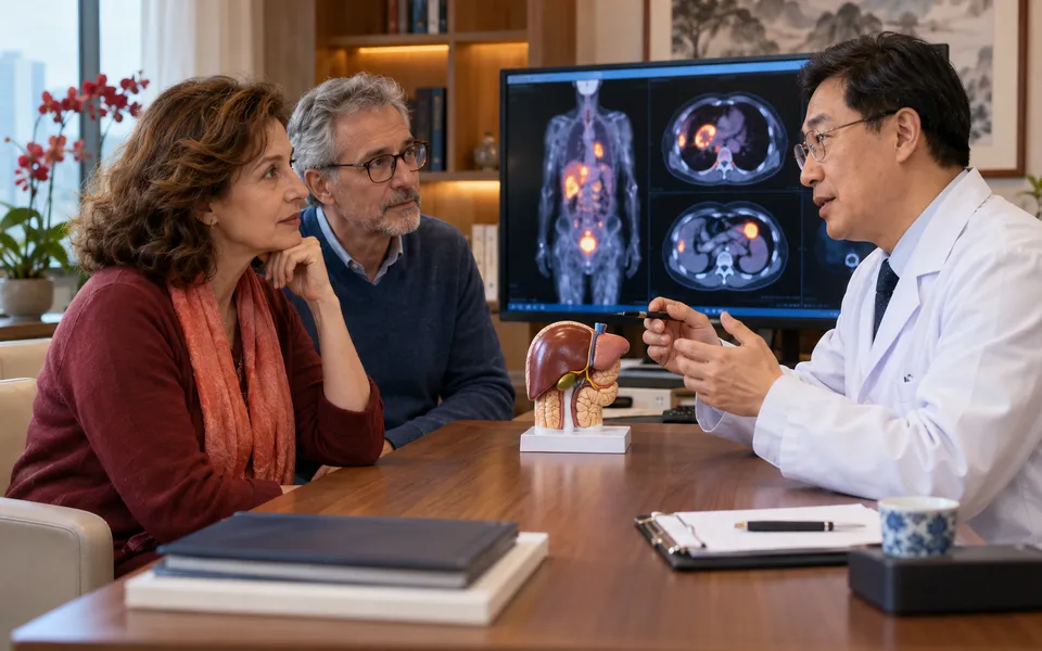 Oncology & Cancer Care specialist explaining imaging and treatment planning to an international patient