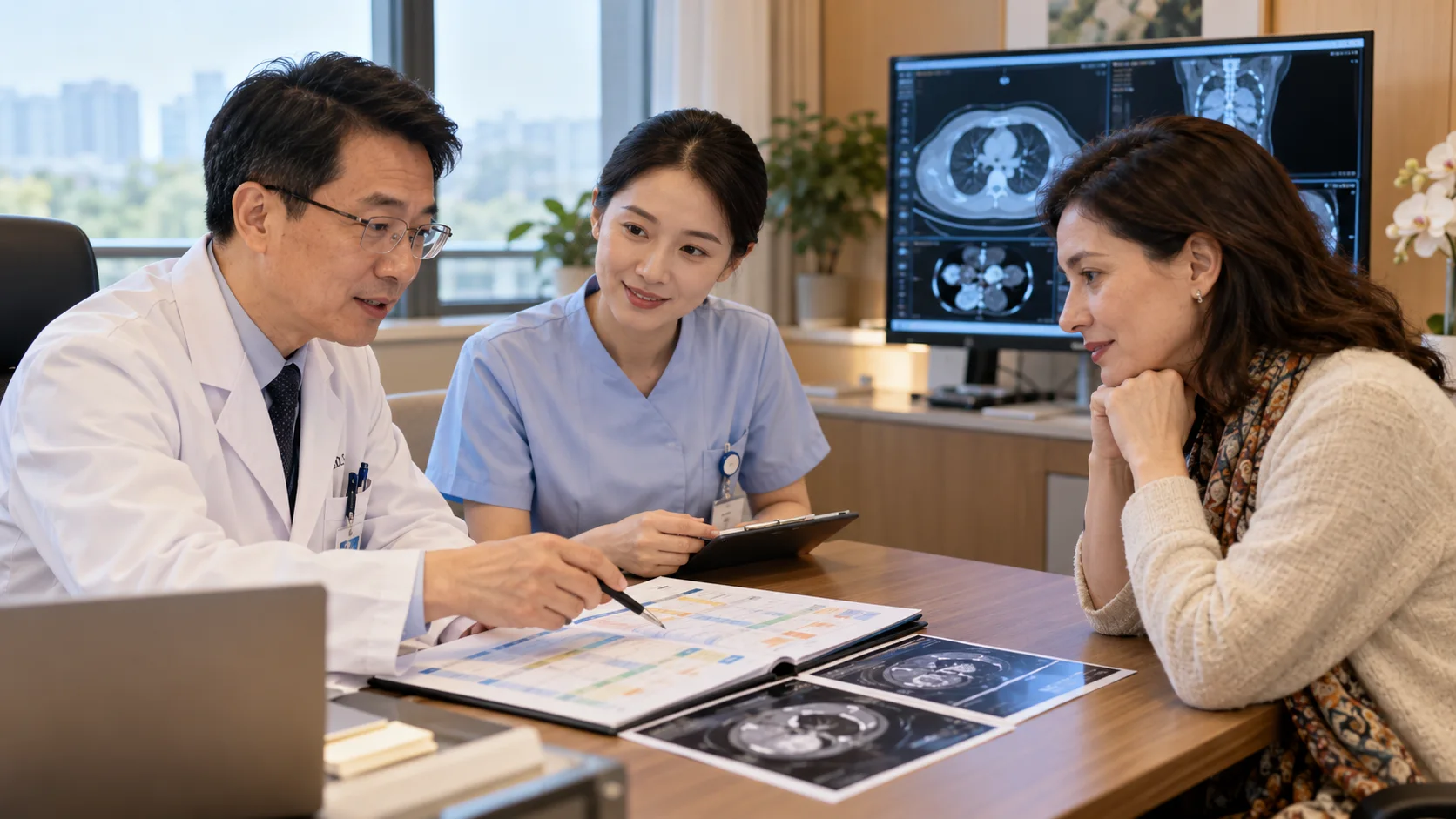 Oncology & Cancer Care specialist reviewing a care plan with an international patient