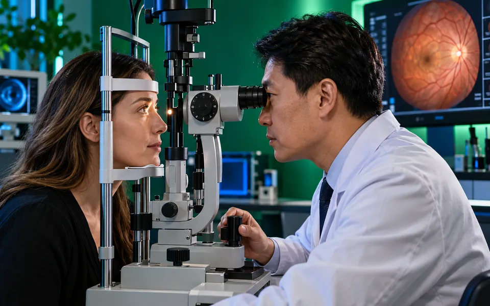 Ophthalmology specialist explaining imaging and treatment planning to an international patient