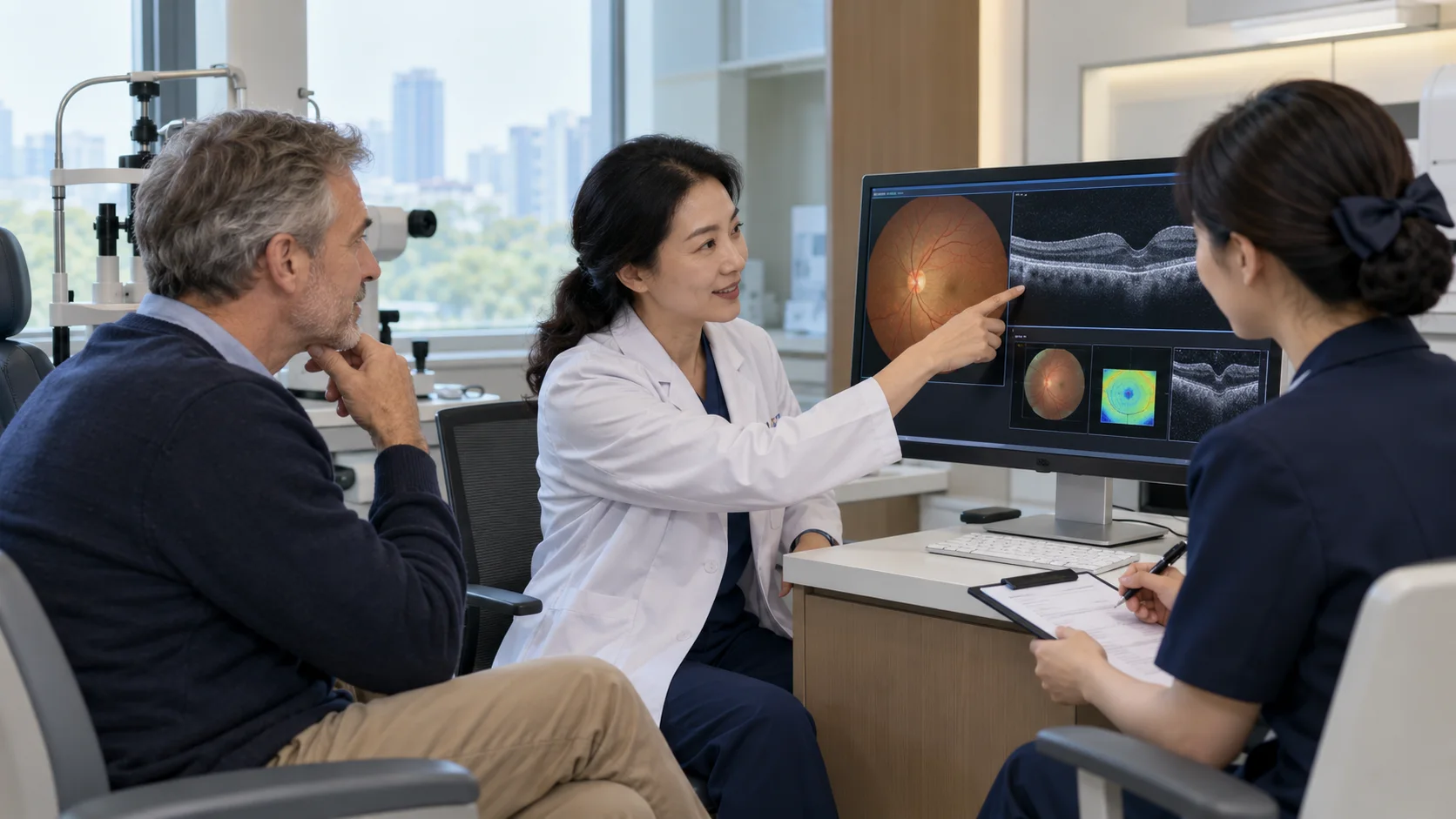 Ophthalmology specialist reviewing a care plan with an international patient