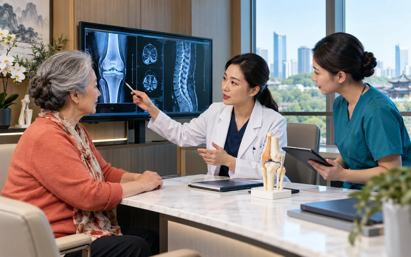 An orthopedic specialist and coordinator discussing imaging with an international patient
