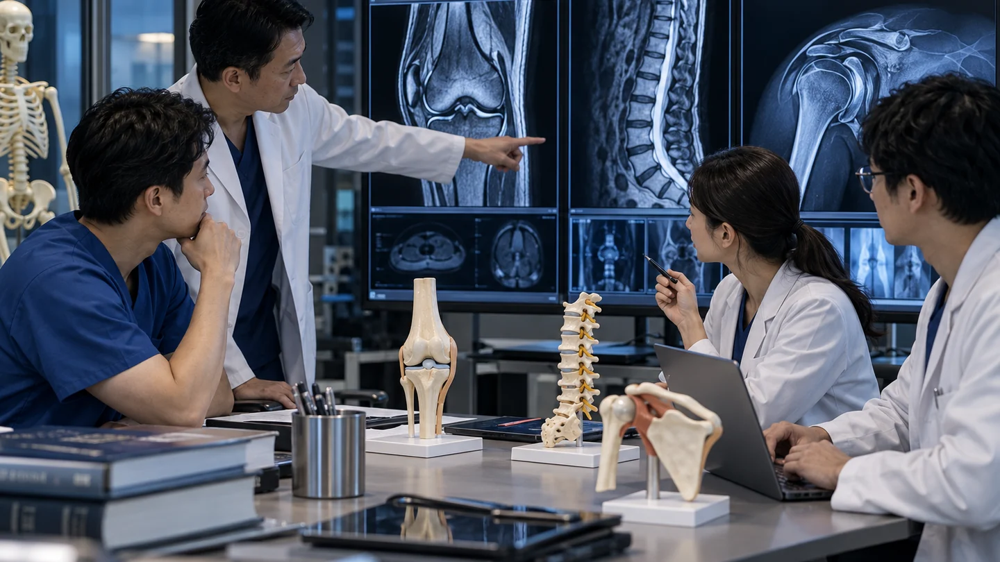 A multidisciplinary orthopedic team reviewing knee, spine and shoulder imaging