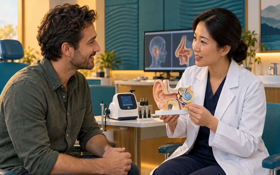 ENT (Ear, Nose & Throat) specialist explaining imaging and treatment planning to an international patient
