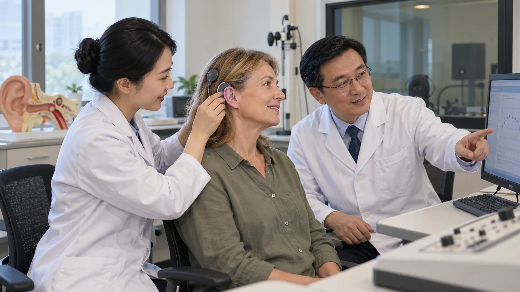 ENT (Ear, Nose & Throat) specialist reviewing a care plan with an international patient