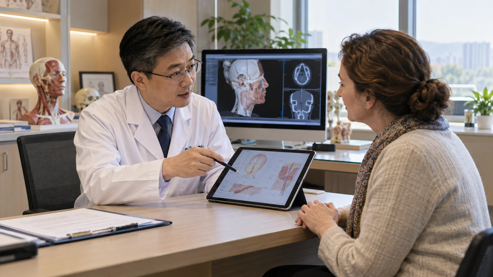 Plastic & Reconstructive Surgery specialist reviewing a care plan with an international patient
