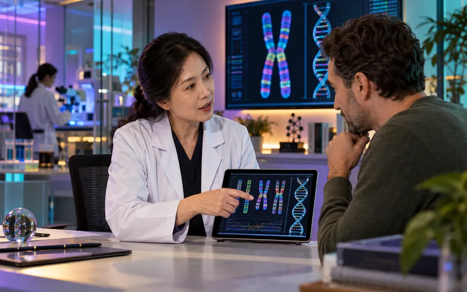 Rare Diseases specialist explaining imaging and treatment planning to an international patient