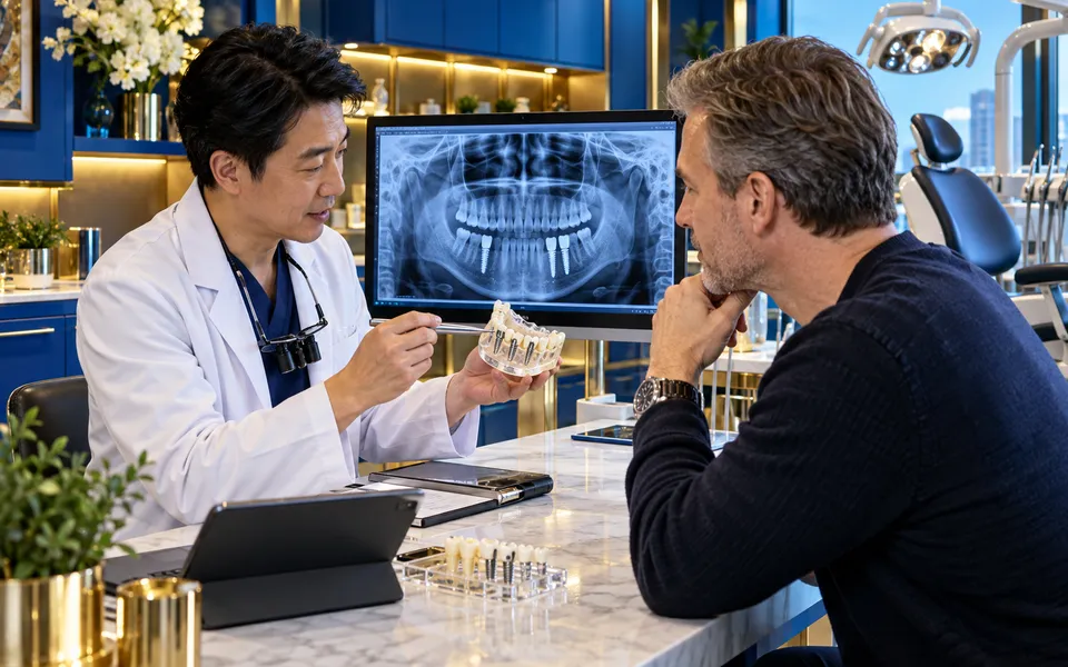 Dentistry specialist explaining imaging and treatment planning to an international patient