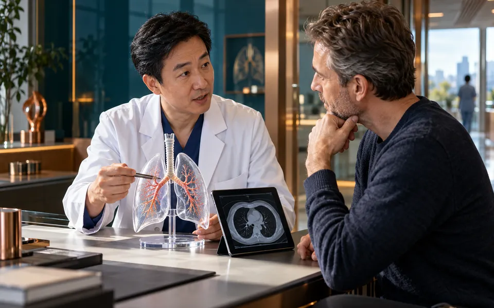 A thoracic surgeon reviewing chest imaging and anatomy with an international patient