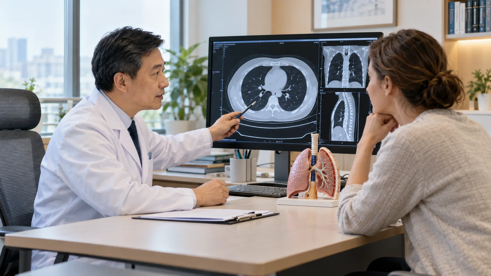 Thoracic surgeon reviewing chest imaging and a recovery plan with an international patient