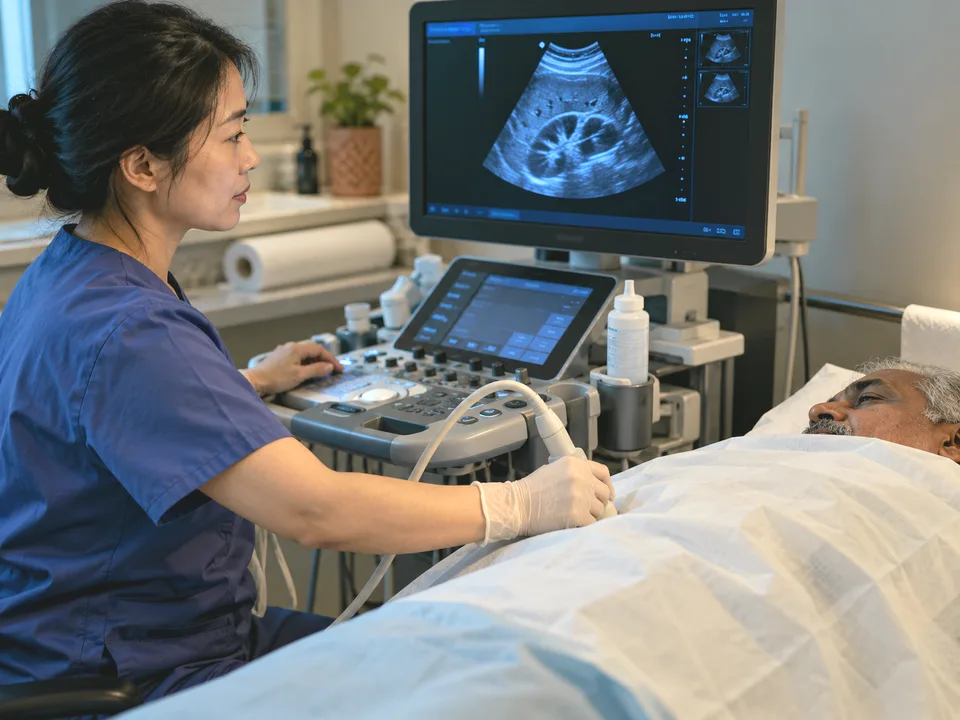 Urology specialist using ultrasound to assess a patient in a modern clinical room