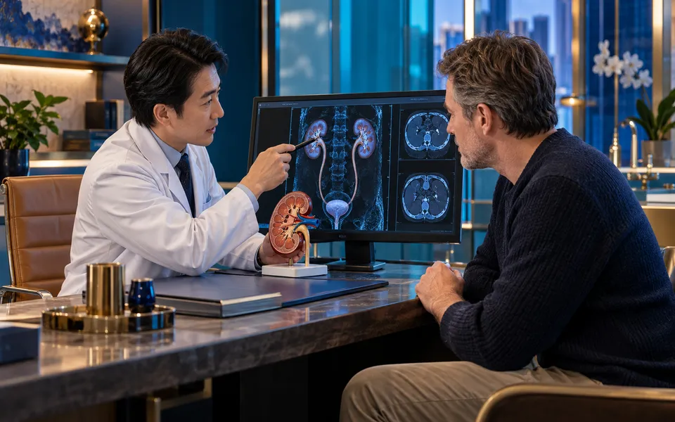 A urology specialist reviewing scans and treatment choices with an international patient