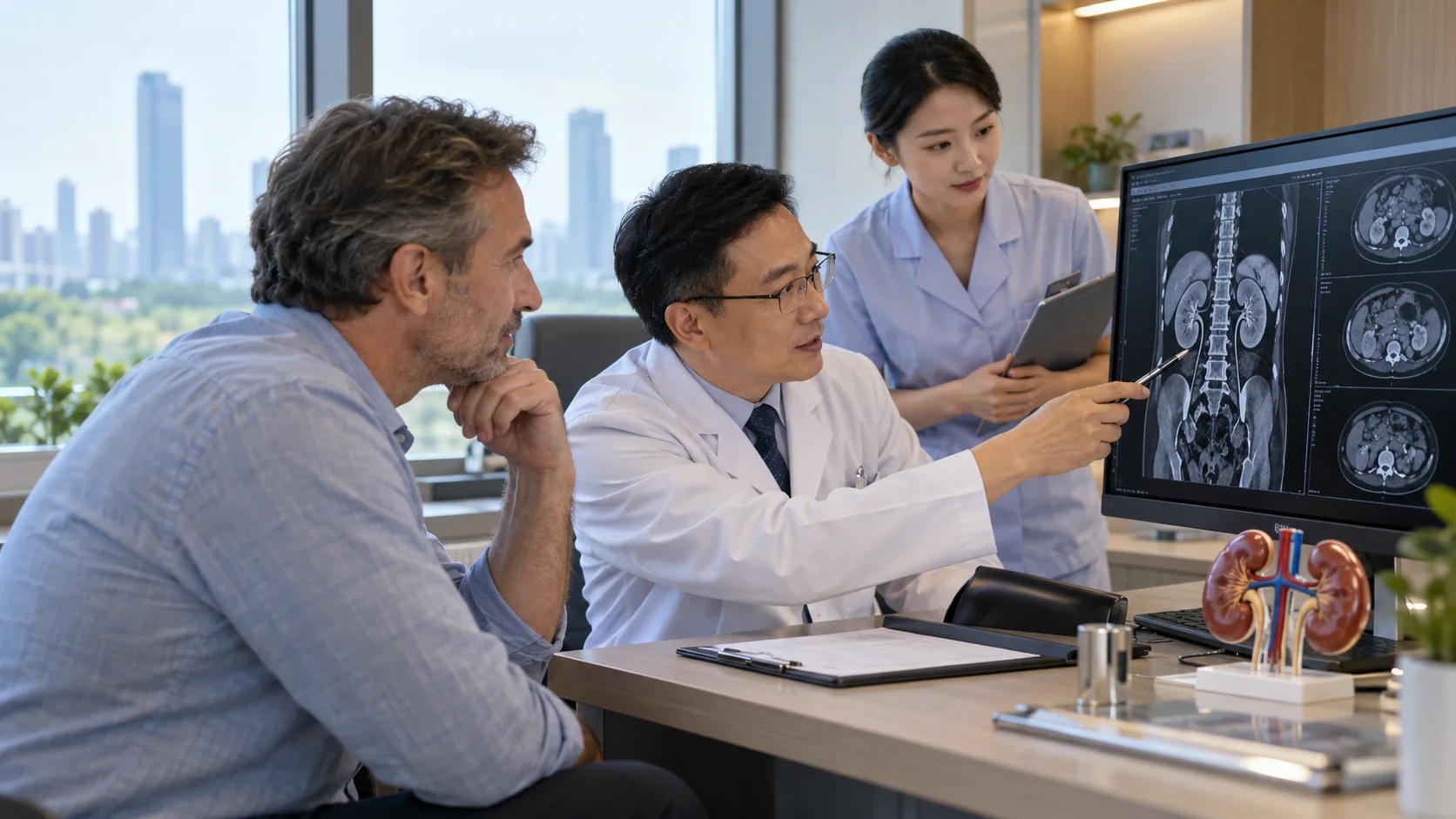 Urology team reviewing kidney imaging and a function-preserving care plan with an international patient